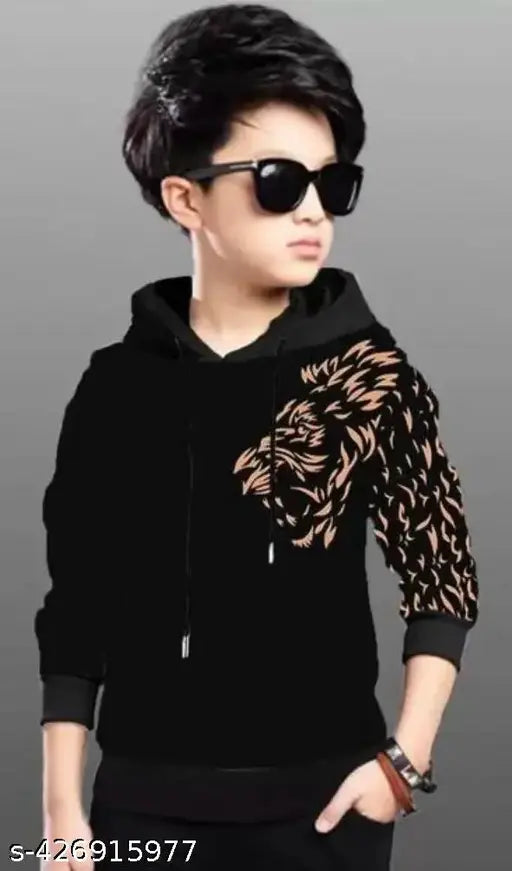 Black Cotton Boys Lion Gold Printed HoodedTshirt