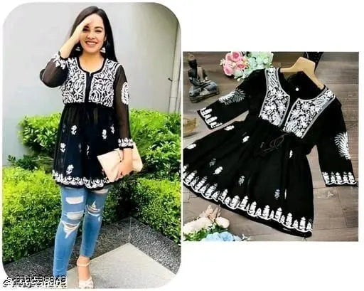 Georgette printed net three-quarter sleeve tunic, quality cotton blend, comfortable women's Western wear, ideal for party, vacation, wedding, club, dating occasions