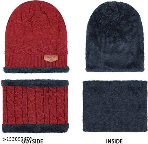 Maroon knit winter hat set, thick fleece lining, inside fur-lined for warmth