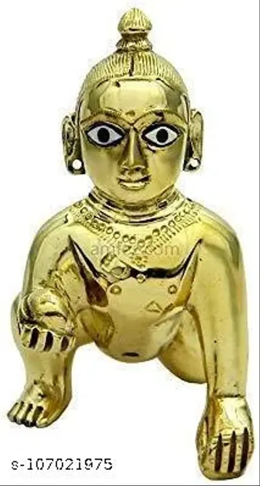 Brass Krishna idol with Shringar set, 2 dresses & accessories, handcrafted in India for Laddu Gopal Ji devotion