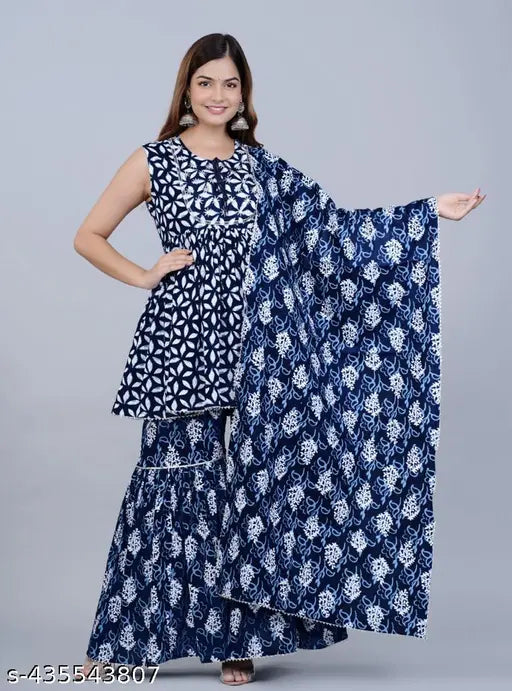 Adrika Superior sharara with black and white floral print, midi length, chiffon material
