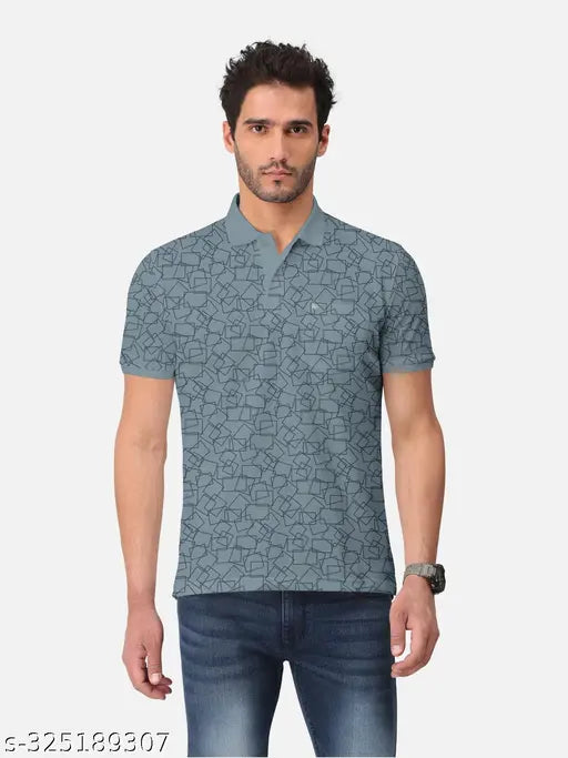 Green cotton blend polo t-shirt with geometric print, Men's size M-5XL, trendy fashion statement