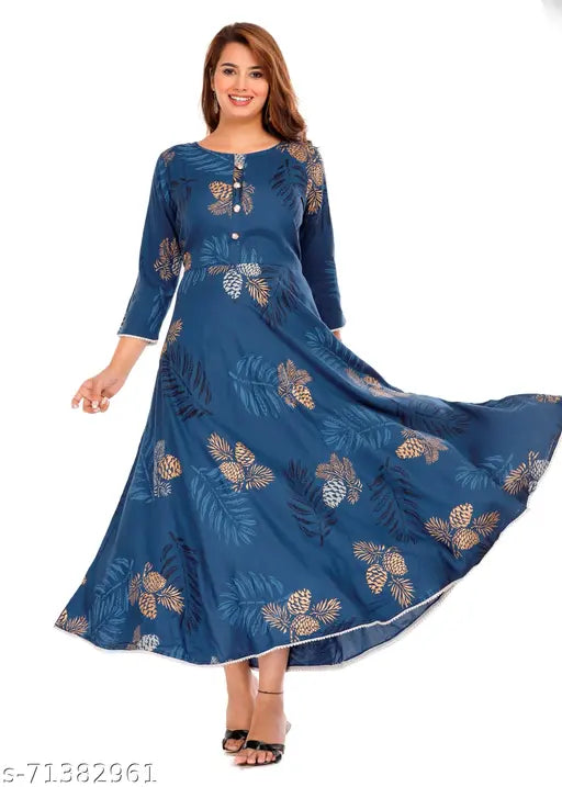 Rayon printed anarkali kurti for girls with three-quarter sleeves, breathable and comfortable, available in M, L, XL, XXL, XXXL sizes