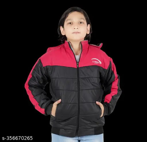 Red and black padded boys jacket, zip closure