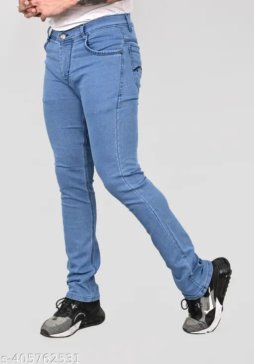 Light blue denim jeans for men: Mid-rise, five-pocket style with distressed detailing. Durable, machine washable denim pant for men in size 28/30/32