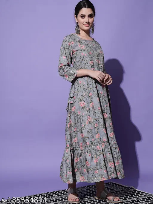 Fashionable embroidered anarkali kurta with deep neck and floral print in dark color