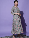 Fashionable embroidered anarkali kurta with deep neck and floral print in dark color