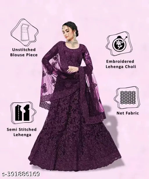 Embroidered net lehenga set for women, semi-stitched with a 42m waist and 44m length