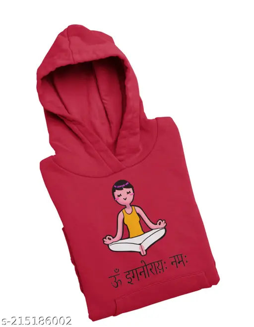 Red color cotton hoodie, unisex design with funny yoga print (both sides), regular fit, sustainable, made in India