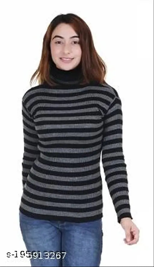 Black and gray striped woolen full sleeve high neck sweater for girls.