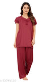 Attractive satin nightsuit for daily wear, solid color and easy washable. Includes 1 top and 1 pyjama in M, L, XL sizes (38/25/26, 40/26/27, 42/27/28). Made of satin lycra blend fabric, origin India