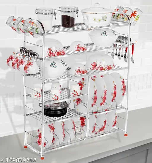 Akaya Creations Stainless Steel 6-shelf wall mount kitchen utensils rack with lower 3-plate shelf, dish rack, plate cutlery stand, modular kitchen storage rack, kitchen organizer