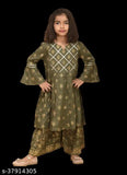 Olive green printed rayon Boys Kurta Sharara Set for baby and kids, trendy and soft touch, A-line top with three-quarter sleeves