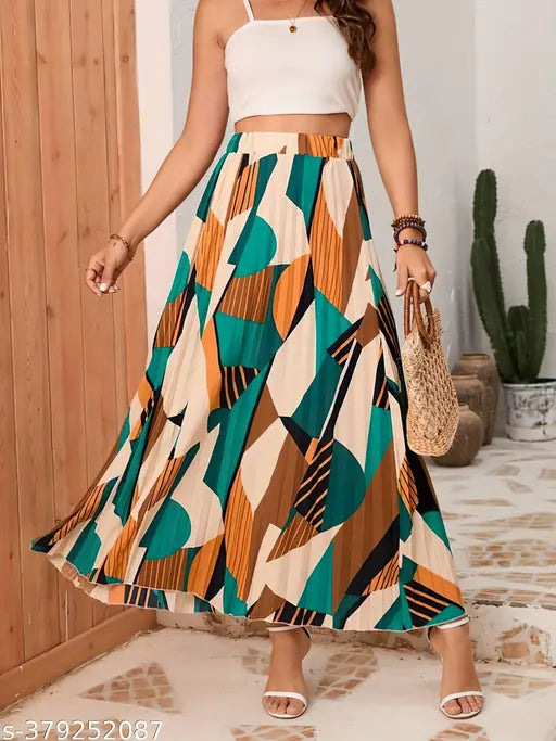 High waist print pleated maxi skirt, polyester, versatile casual midi length for spring, autumn, winter wardrobe add-on. Available in sizes 28-38 inches. Made in India