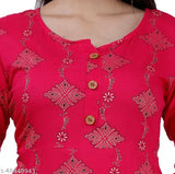 Rani Pink Rayon Anarkali Kurti with Sanganeri Gold Print, three-quarter sleeves, round neck - Indian women's fashion