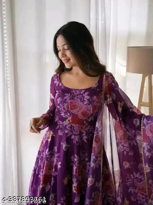 Georgette Anarkali Kurti with traditional print, Indian designer women's fashion set with four-lace duppatta