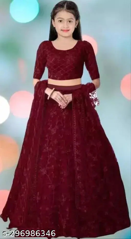 Maroon net designer semi-stitched lehenga choli for girls, suitable for 3-15 years. Embroidered ethnic wear for festivals or wardrobe essentials, made in India