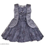 Grey net frock dress for little princesses, embellished silver kraft design
