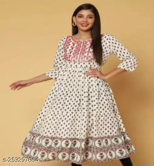 Cream floral print viscose rayon gown with three-quarter sleeves, embroidery detail on heavy border, Indian origin