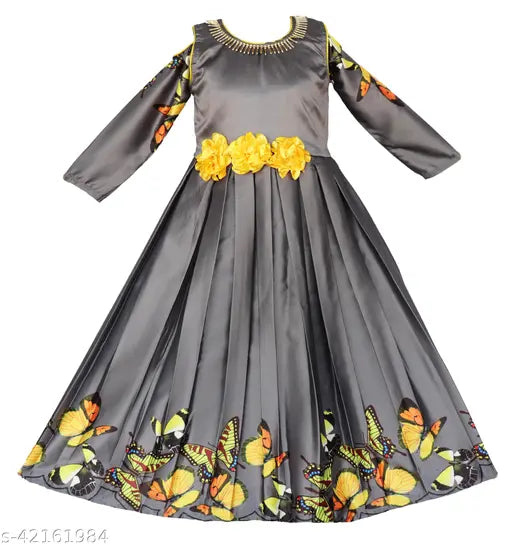 Gray and yellow floral embellished long sleeve dress with butterfly design