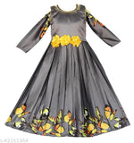 Gray and yellow floral embellished long sleeve dress with butterfly design