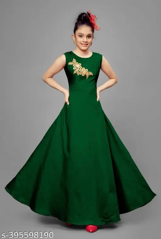 Green solid round neck ethnic gown for kids by Bold Born Kids, sleeveless, suitable for ages 2-8 years, Indian origin