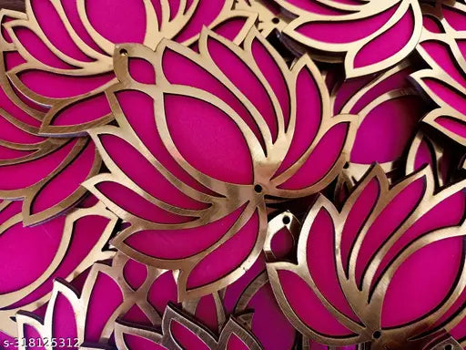 Handcrafted Pink & Golden Lotus DIY Wooden Cutout Kit for festive home decor, featuring 12 pieces (4in x 3.4in) on pinewood, perfect for Diwali, Pooja, or wedding stage decor
