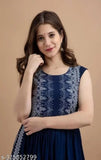 Sleeveless rayon Women naira cut, vibrant Indian printed long kurti. Available in XS-XXL
