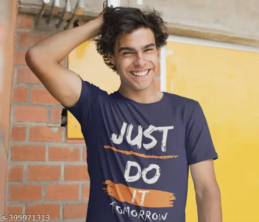 Imperial Navy Blue Super Soft Chapter 83 Casual T-shirt, printed with "Just Do It Tomorrow" design, short sleeves, 100% cotton, regular fit