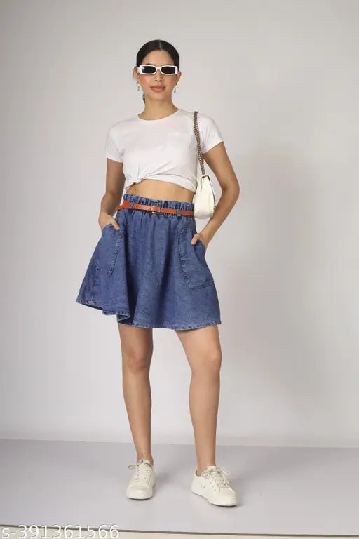 Dark blue denim mini skirt with belt and side pockets, women's fashion