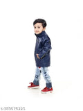 Black cotton boys jacket, blue lining, zip front, short sleeves