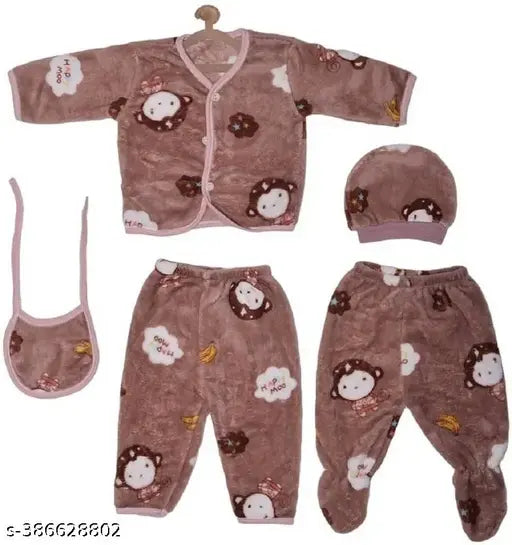 Woolen Cool Kids CapsuleBABY Winter Set: Printed long-sleeved top with matching beanie, scarf, and gloves - Winter style for 0-3 months boys, Made in India