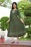 Green cotton slub AAYUMI Woman Anarkali Kurta, featuring silver-toned ethnic motifs and keyhole neck, maxi length with flared hem - Indian ethnic wear