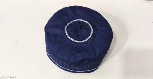 Blue cotton solid-pattern Islamic cap for men, traditional namaz topi with cross line design, comfortable, washable, original condition
