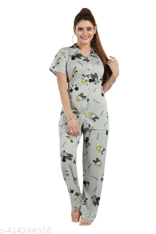 Sigma Trede Trending Print Night Satin Shirt & Pyjama Set - Women's coord set with long sleeves, printed pattern, size XL (42in bust, 28in length, 44in waist, 40in length) or XXL (44in bust, 29in length, 42in waist, 40in length), made in India