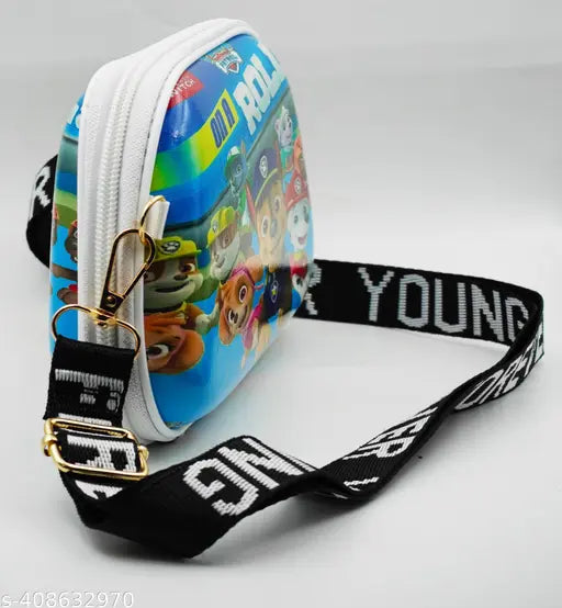 A cute girls' sling bag with a graphic design on its body, featuring colorful cartoon characters