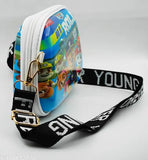 A cute girls' sling bag with a graphic design on its body, featuring colorful cartoon characters