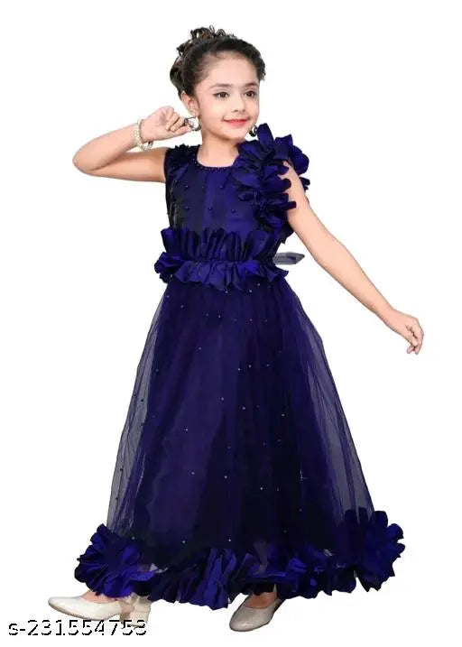 Silk and net embellished ethnic gown dress for girls, stylish round neck, sleeveless, Indian origin