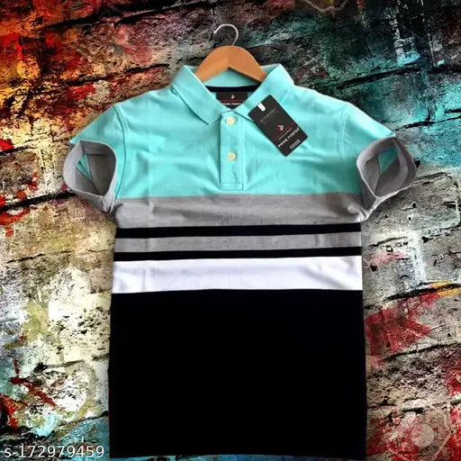 Striped short-sleeve cotton polo t-shirt for men, made in India (XXL - Chest 44in, Length 30in)