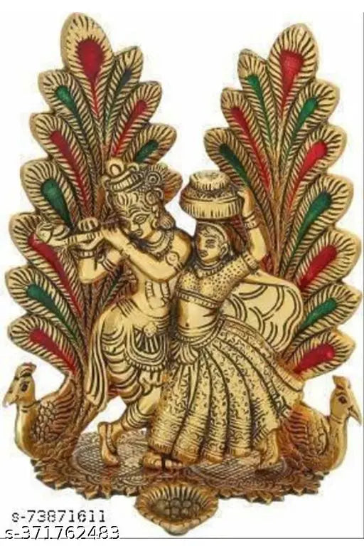 Gold-plated handcrafted Radha Krishna idol with diya peacock design (10cm x 10cm x 10cm), traditional decorative showpiece for home or worship