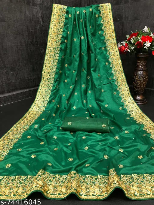 Brown Vichitra silk wedding saree with embroidery and LCD stones, free size, Indian origin