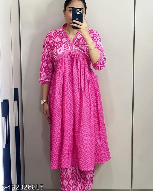 Pink cotton kurti set with pants by G Enterprises, three-quarter sleeves, printed design, single size available (M, L, XL, XXL), Indian origin