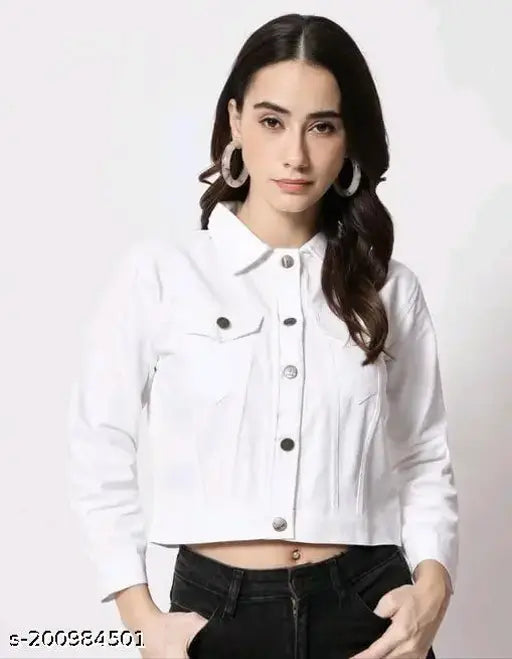 White cotton denim full sleeve jacket, trendy Martin classy design for women and girls, India origin