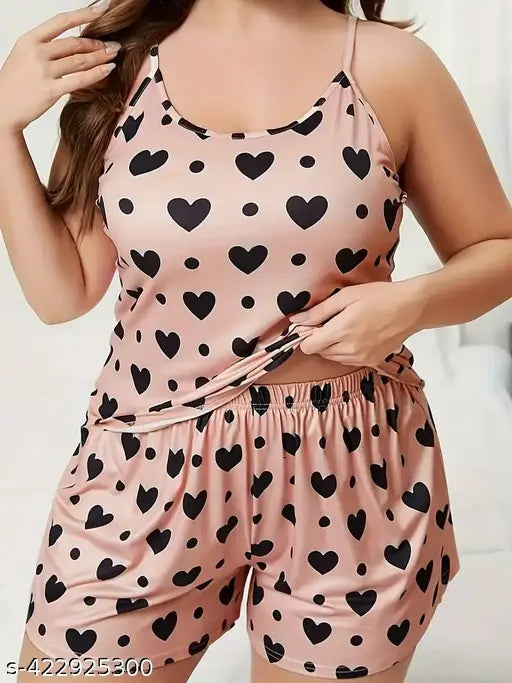 Satin printed night suit for women, set includes top and shorts, graphical design sleepwear on hanger