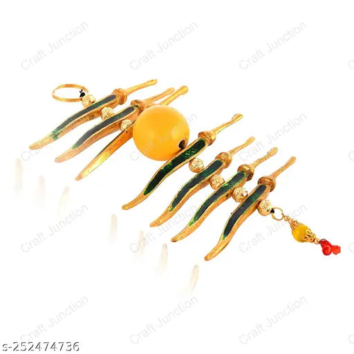 Yellow metal Nimbu Mirch Vastu decorative showpiece, 22.5cm long, for wall or door hanging, removes negativity