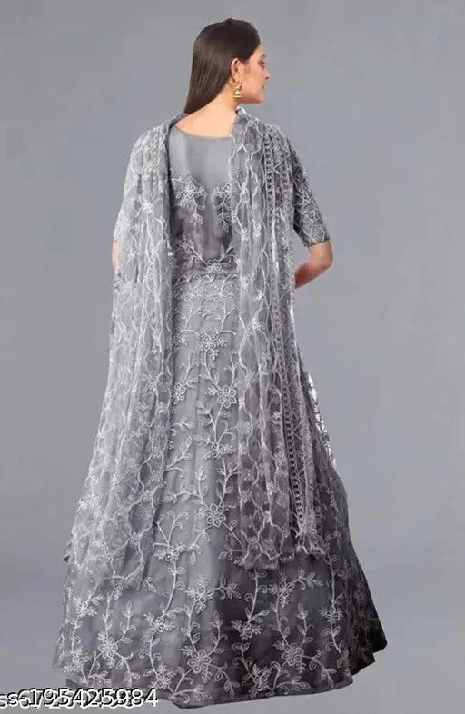 Gorgeous gray embroidered net semi-stitch woman gown with short sleeves, high-quality Indian craftsmanship