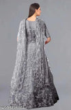 Gorgeous gray embroidered net semi-stitch woman gown with short sleeves, high-quality Indian craftsmanship