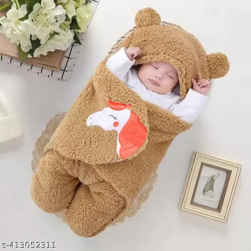 Unisex 0-6 months cotton flannel baby swaddle blanket, soft & cozy hooded design
