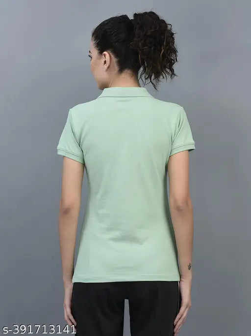 Green cotton-blend Dollar Women's Solid Polo Neck T-shirt, short sleeves, S, Bust Size: 32in, Length Size: 11in