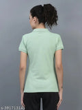 Green cotton-blend Dollar Women's Solid Polo Neck T-shirt, short sleeves, S, Bust Size: 32in, Length Size: 11in